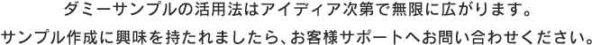 ダミーサンプルの活用法はアイディア次第で無限に広がります。サンプル作成に興味を持たれましたら、お客様サポートへお問い合わせください。